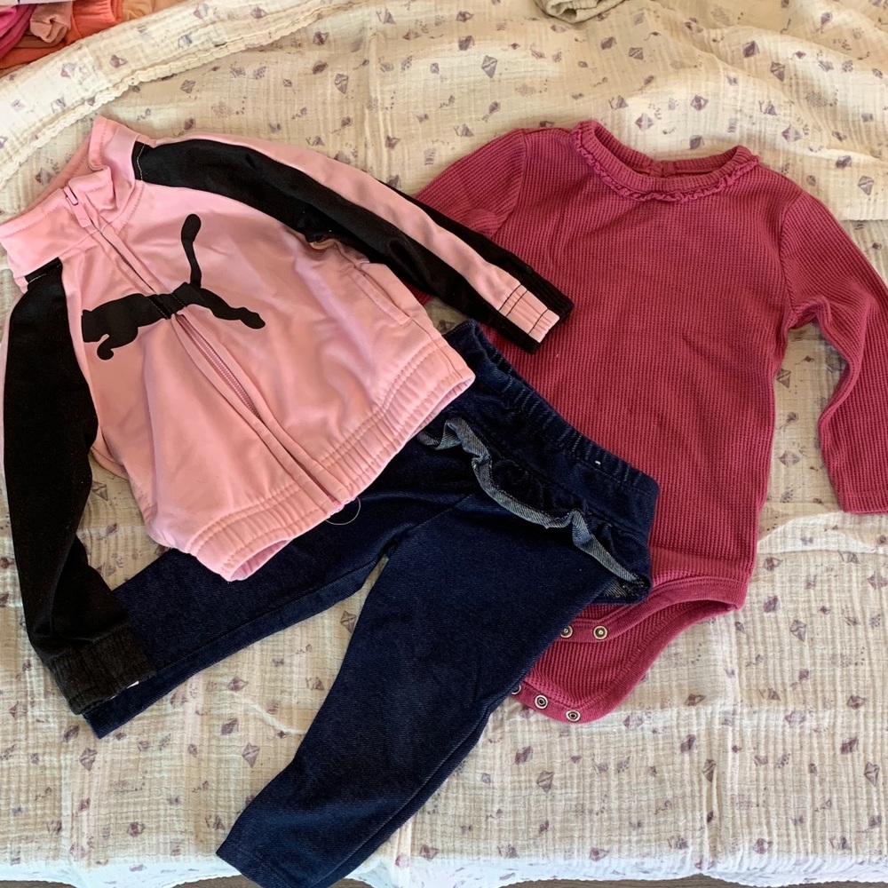 Puma Pink and Black Jacket with Dark Pink onesie and Ruffle Pants